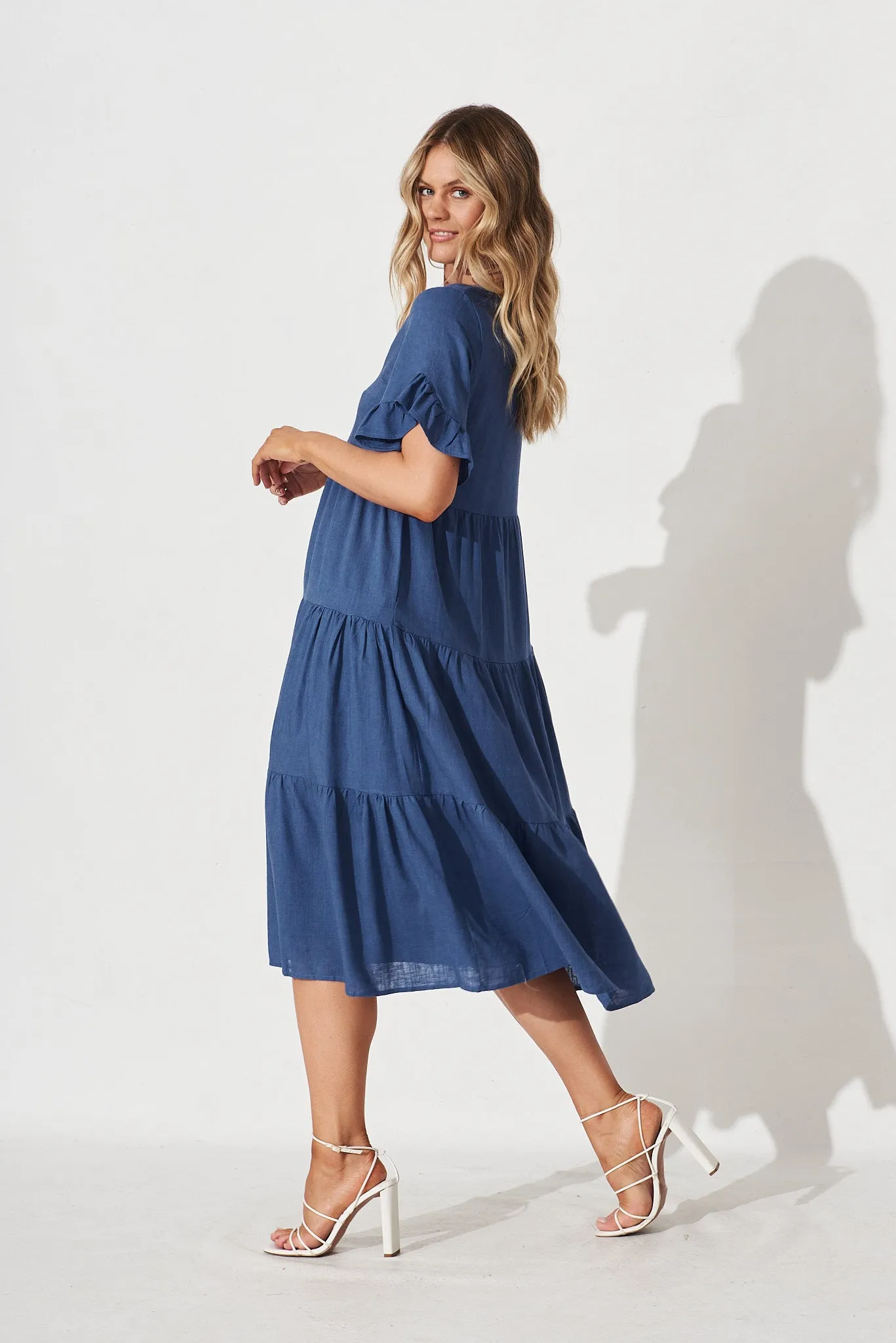 Blue Linen Blend Smock Dress by Kristen