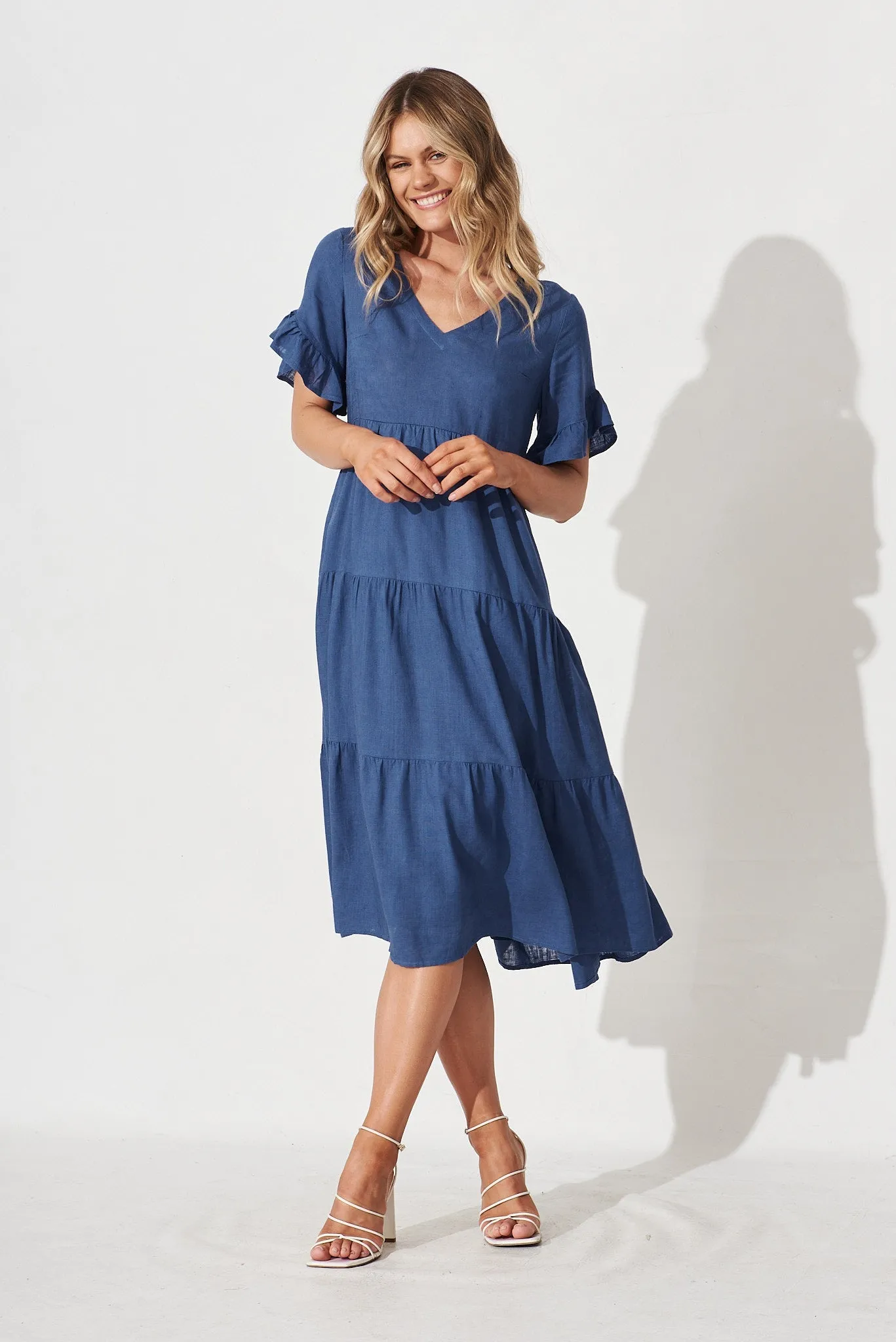 Blue Linen Blend Smock Dress by Kristen