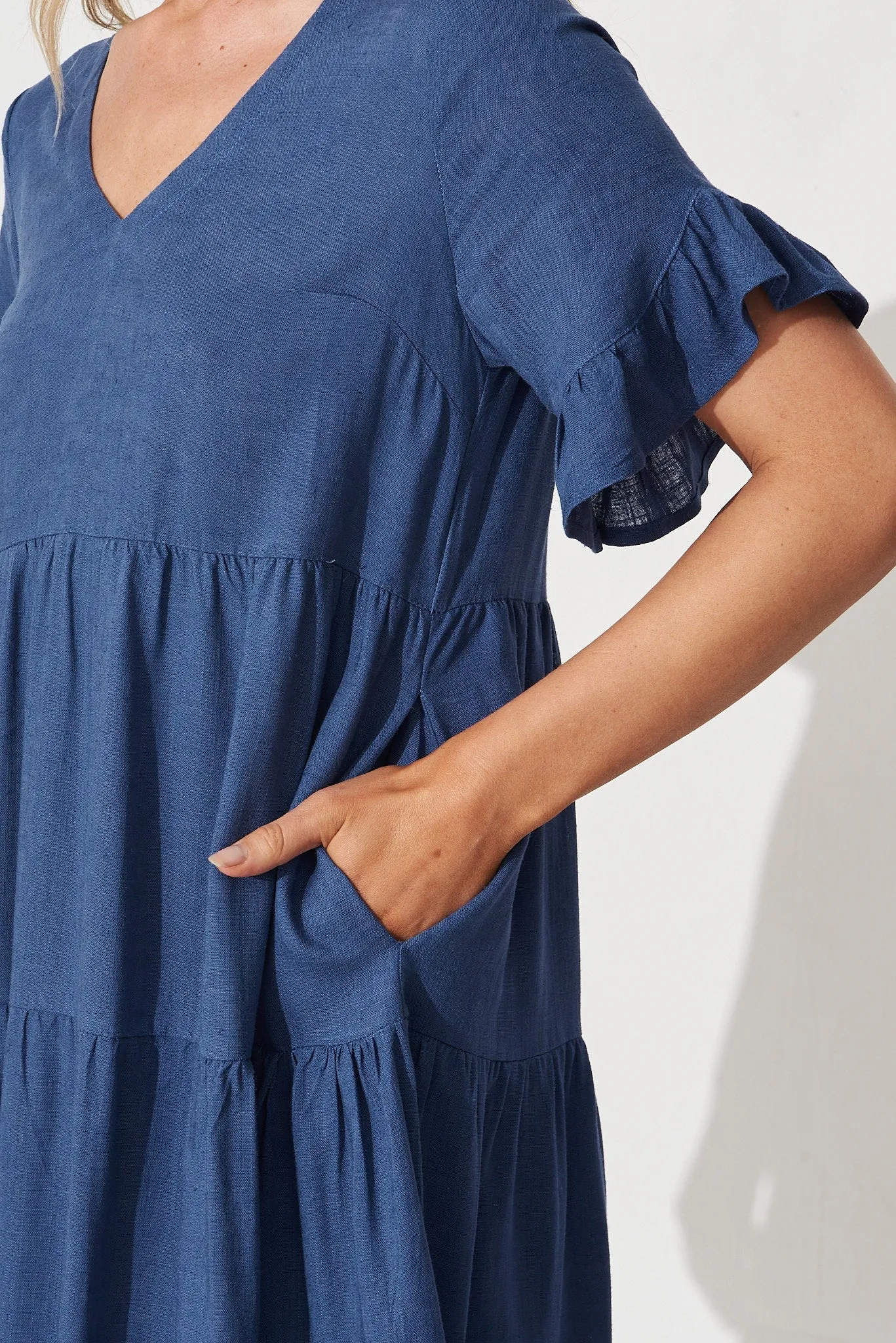 Blue Linen Blend Smock Dress by Kristen