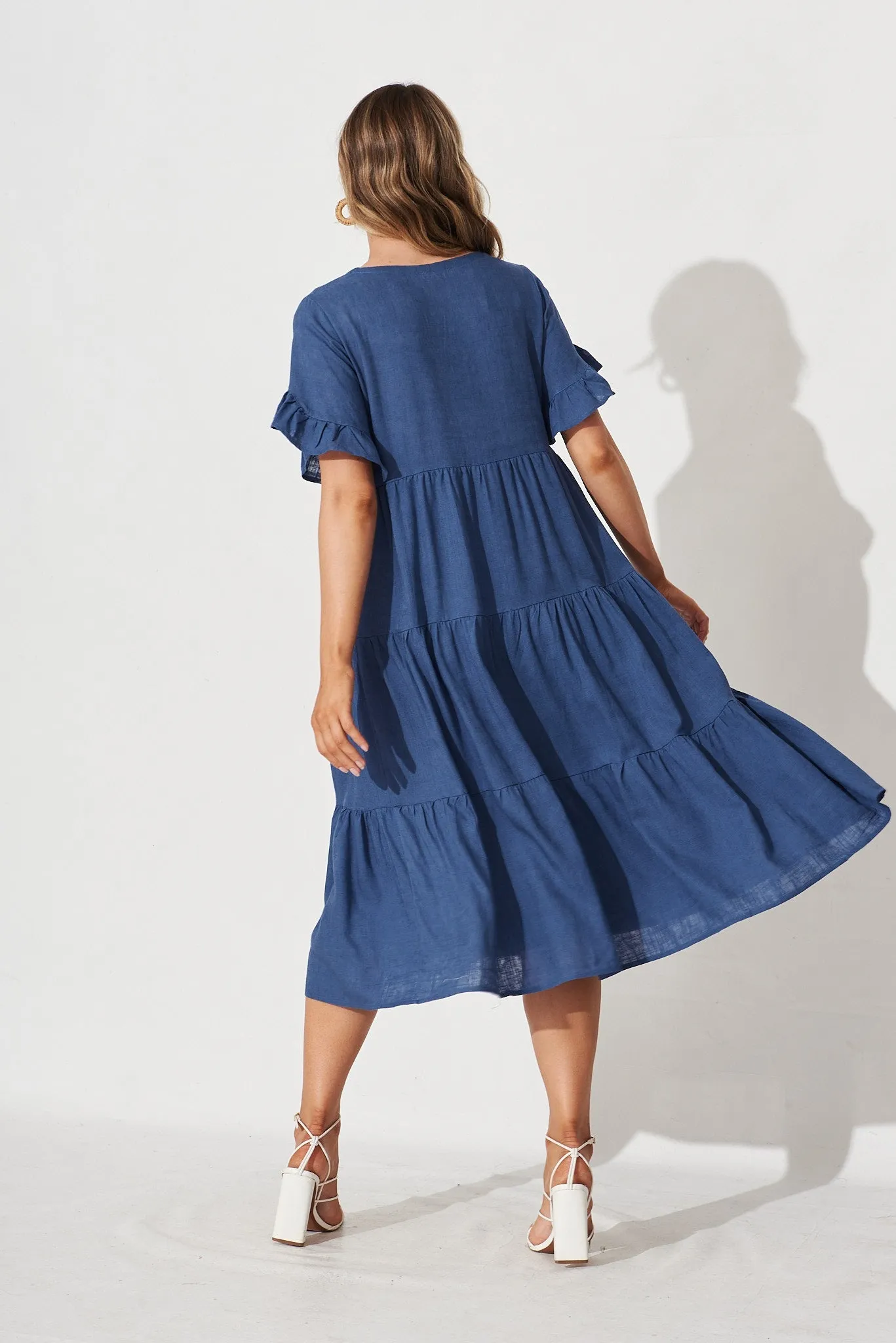 Blue Linen Blend Smock Dress by Kristen