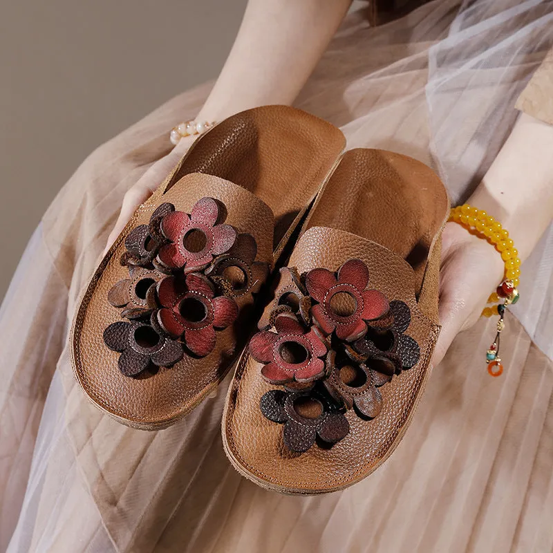 Chic Comfy Flats Leather Slippers With Flower Accents