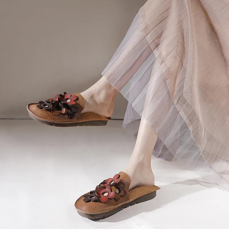 Chic Comfy Flats Leather Slippers With Flower Accents