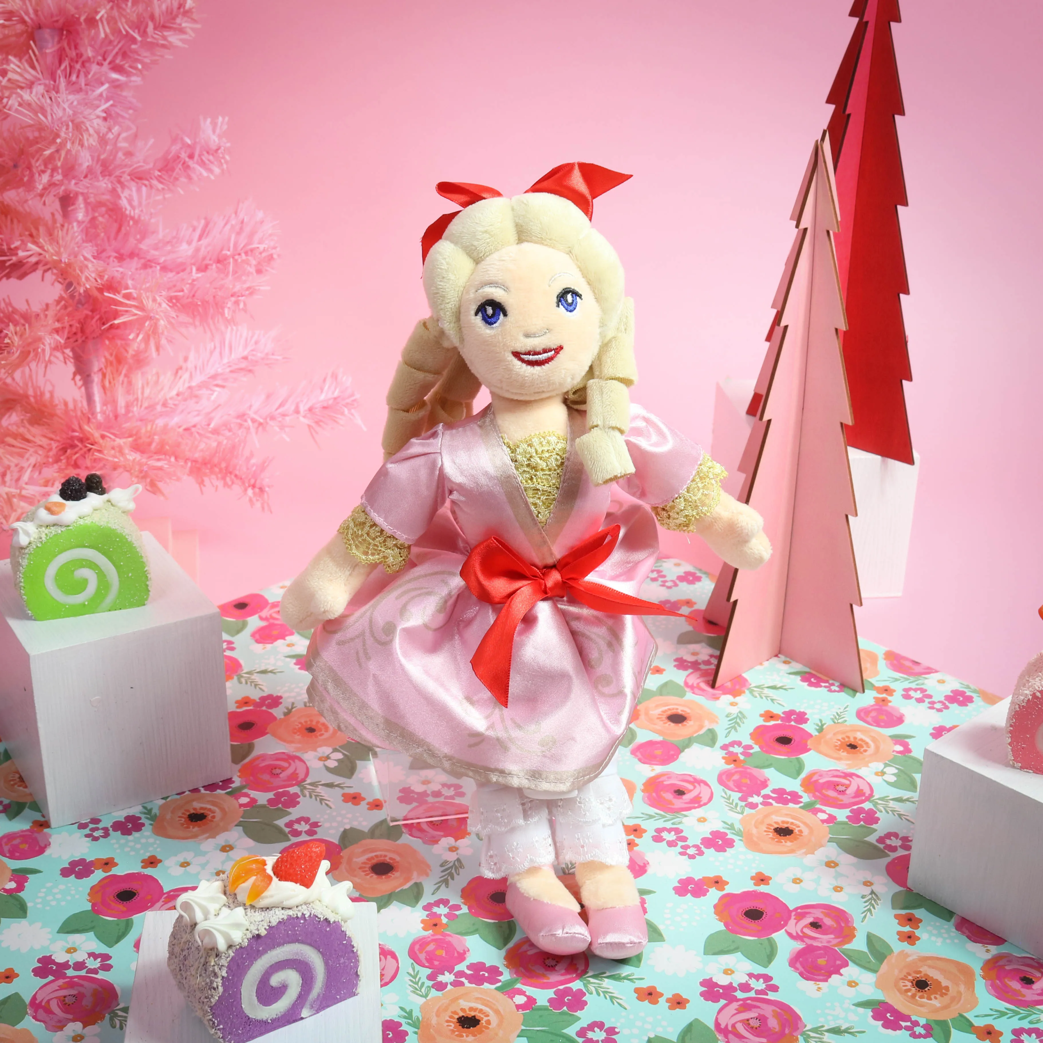 Clara Plush Doll in Soft Pink Satin Dress and Red Bow 14 inch