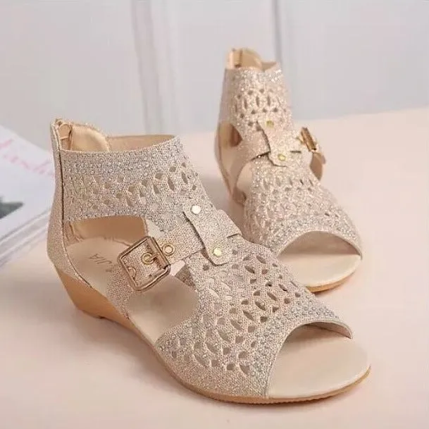 Cut Out Peep Toe Back Zipper Roman Flat Sandals