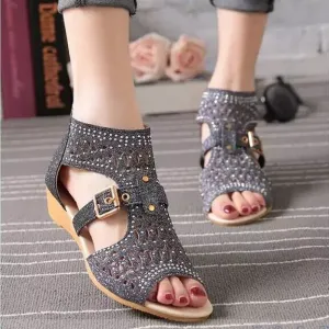 Cut Out Peep Toe Back Zipper Roman Flat Sandals