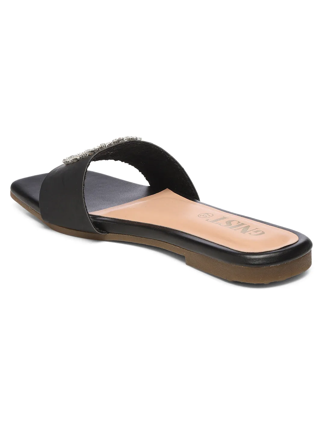 GNIST Embellished Chic Vegan Leather Black Party Flats