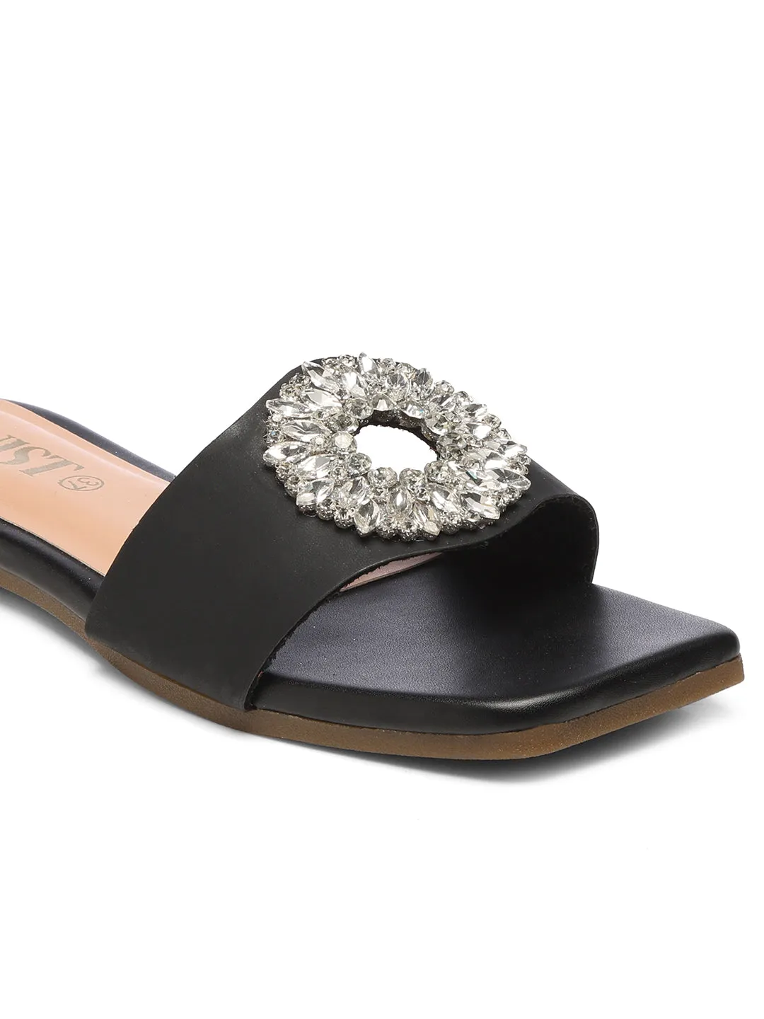 GNIST Embellished Chic Vegan Leather Black Party Flats