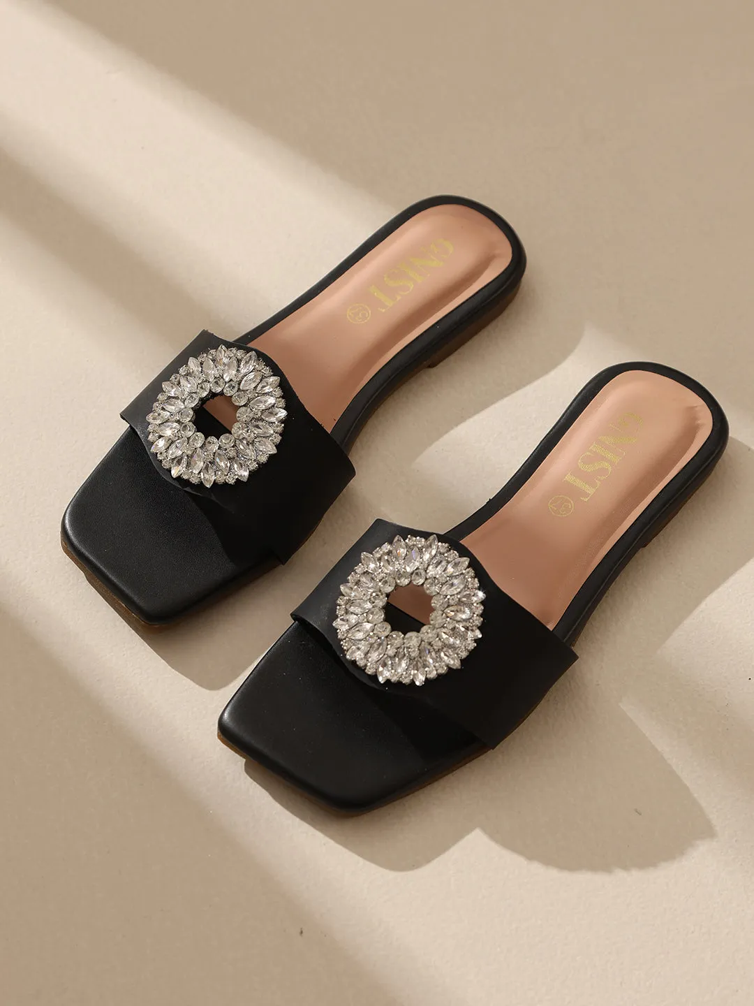 GNIST Embellished Chic Vegan Leather Black Party Flats