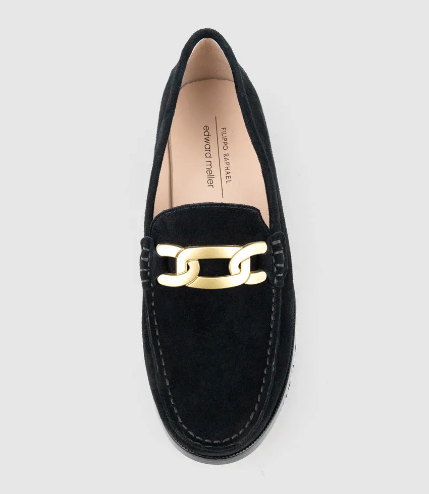 HINGE Penny Loafer with Trim in Black Suede