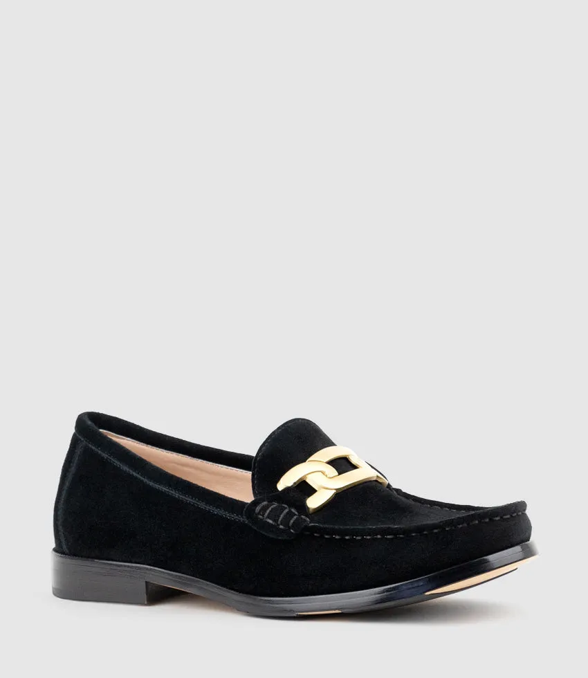 HINGE Penny Loafer with Trim in Black Suede