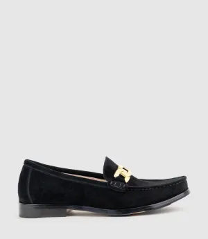 HINGE Penny Loafer with Trim in Black Suede