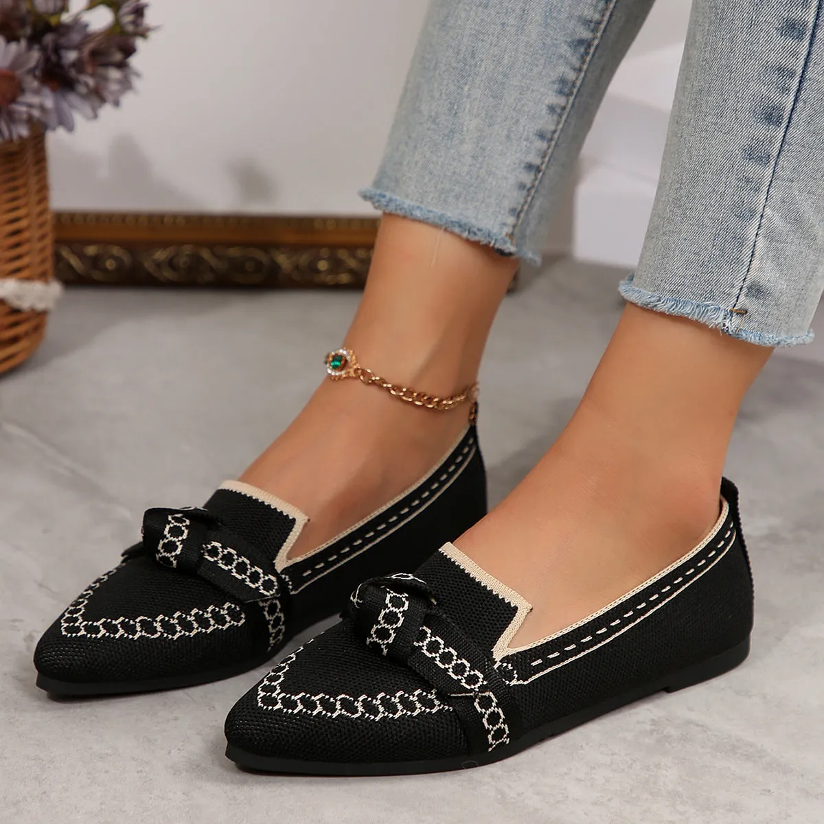 Knitted Slip-On Flats with Bow