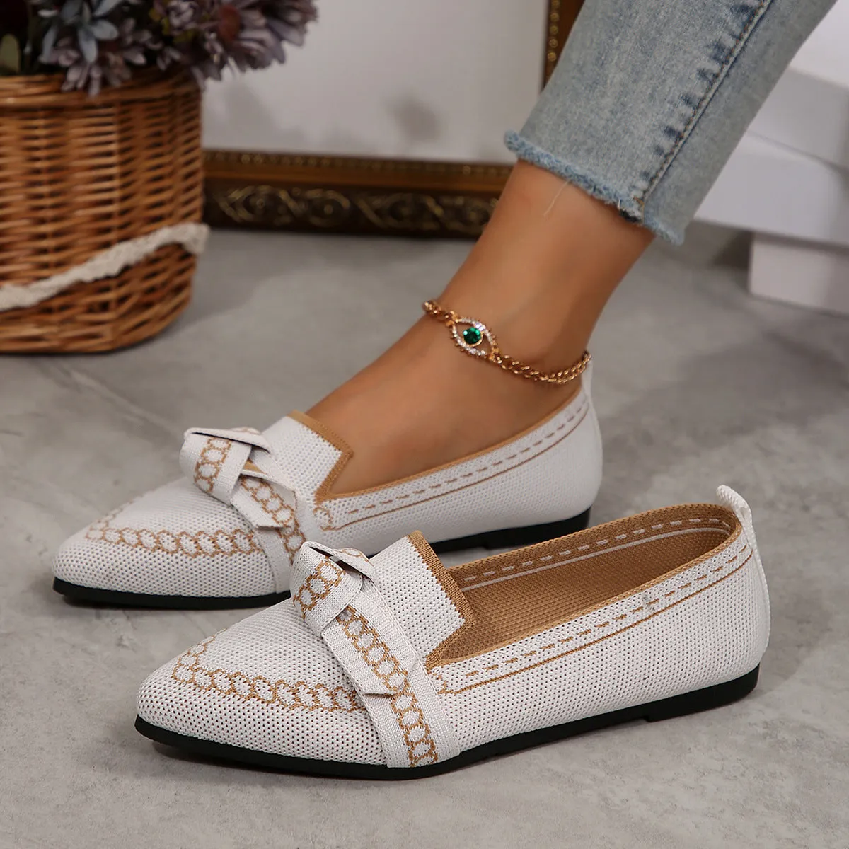 Knitted Slip-On Flats with Bow