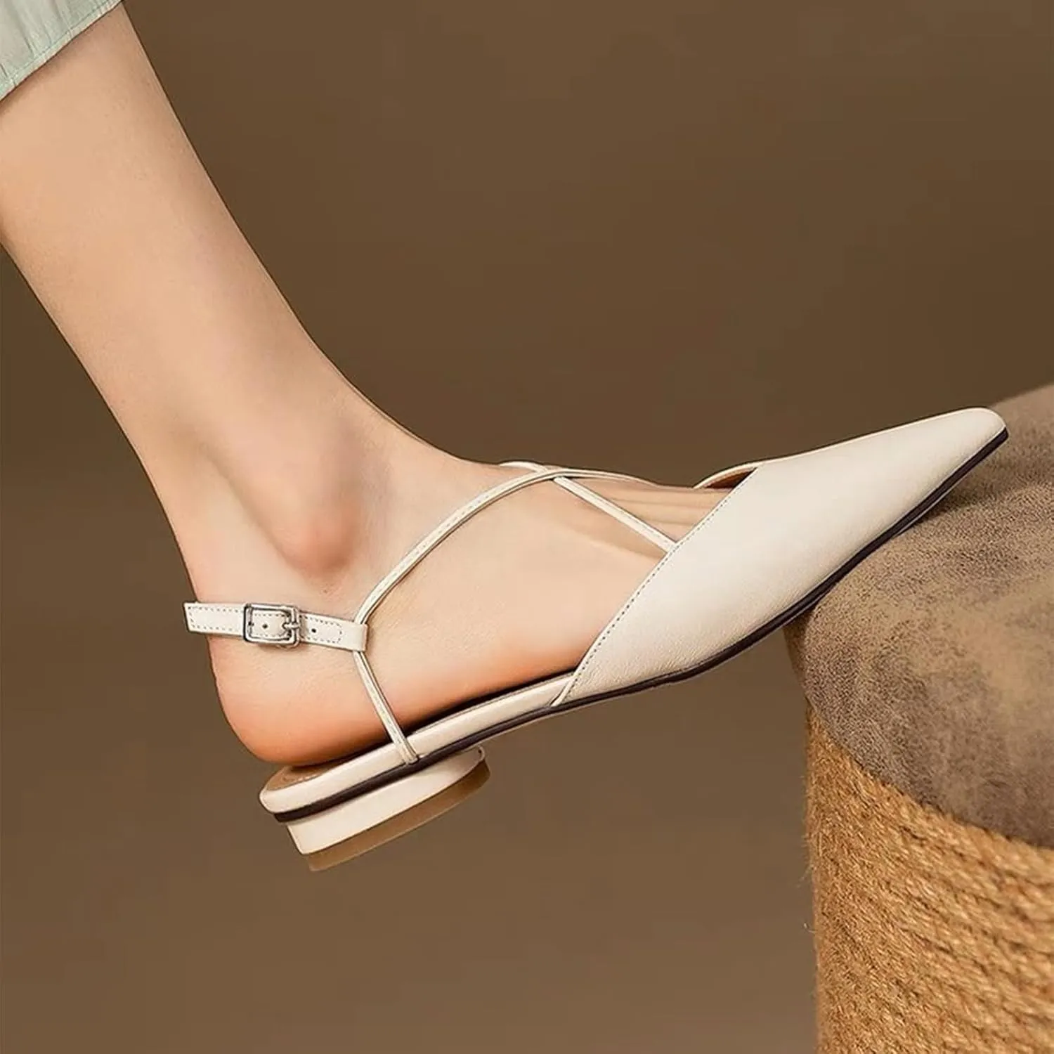 Lossarye Women's Pointed Toe Slingback Flats Comfort Adjustable Ankle Strap Backless Flat Sandals Low Heel Work Dress Shoes
