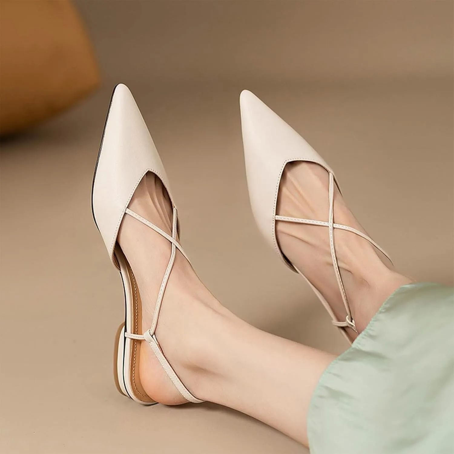Lossarye Women's Pointed Toe Slingback Flats Comfort Adjustable Ankle Strap Backless Flat Sandals Low Heel Work Dress Shoes