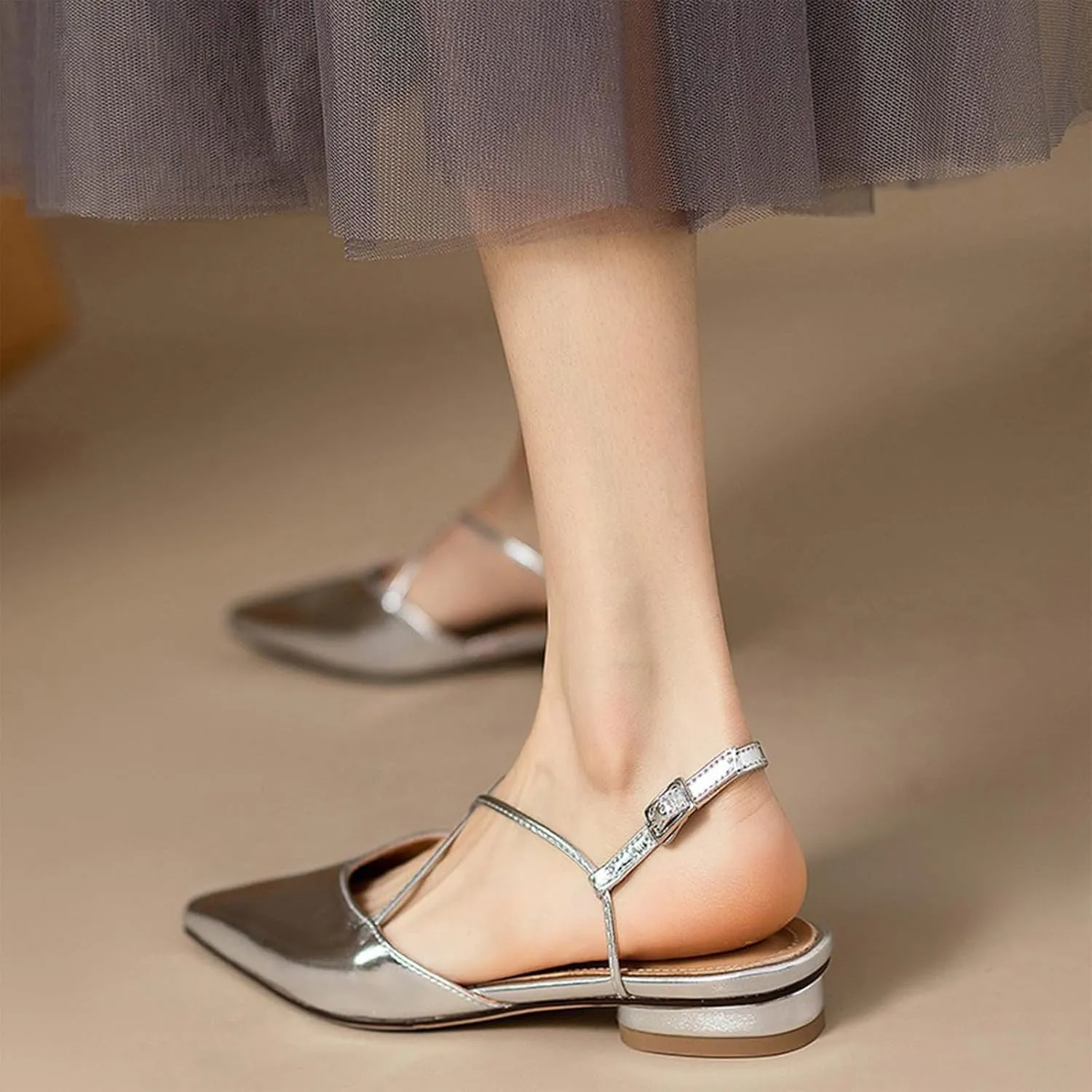 Lossarye Women's Pointed Toe Slingback Flats Comfort Adjustable Ankle Strap Backless Flat Sandals Low Heel Work Dress Shoes