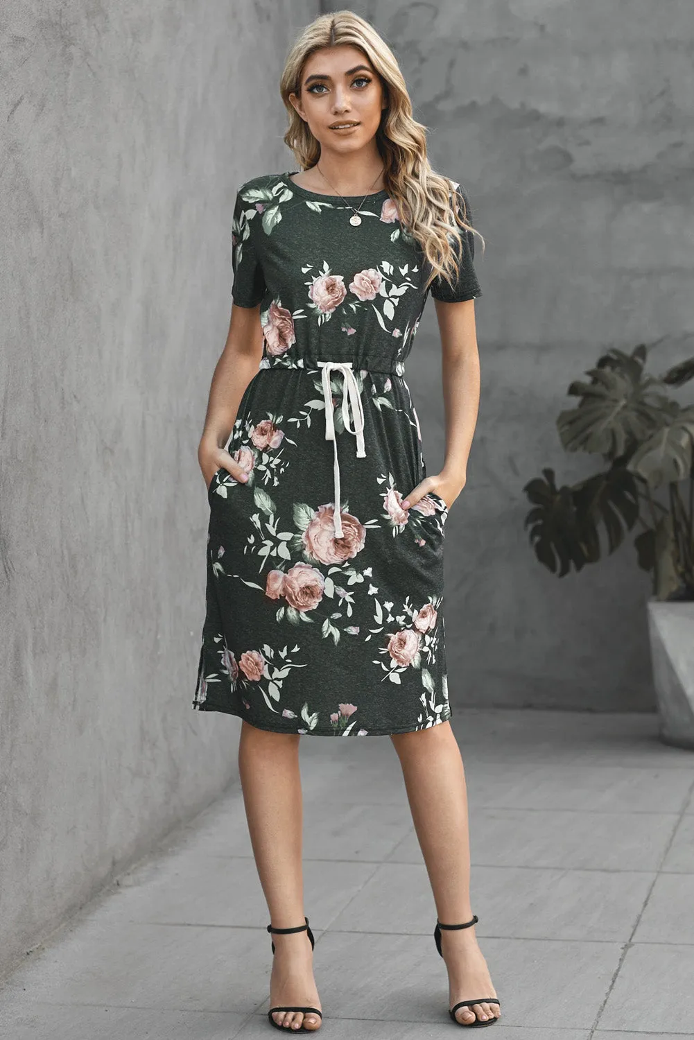 Marsha Floral Tie Dress in Grey