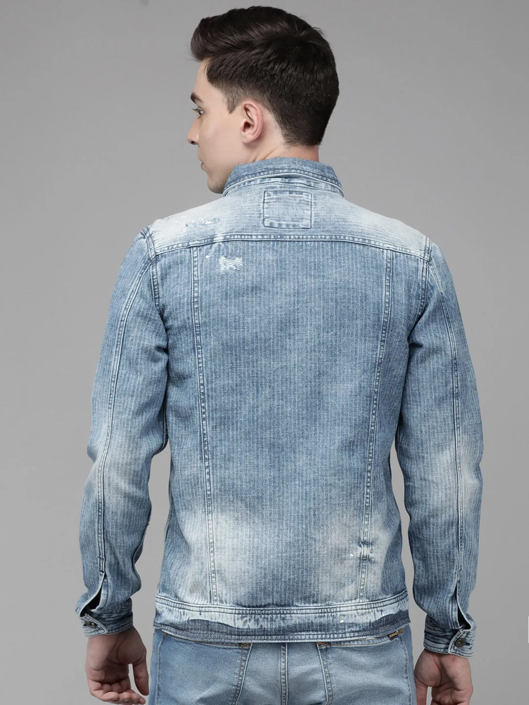Men Light Blue Solid Denim Jacket