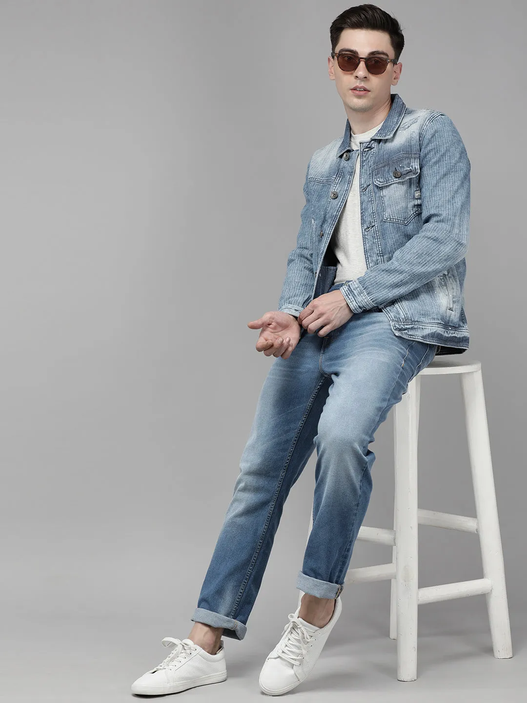 Men Light Blue Solid Denim Jacket