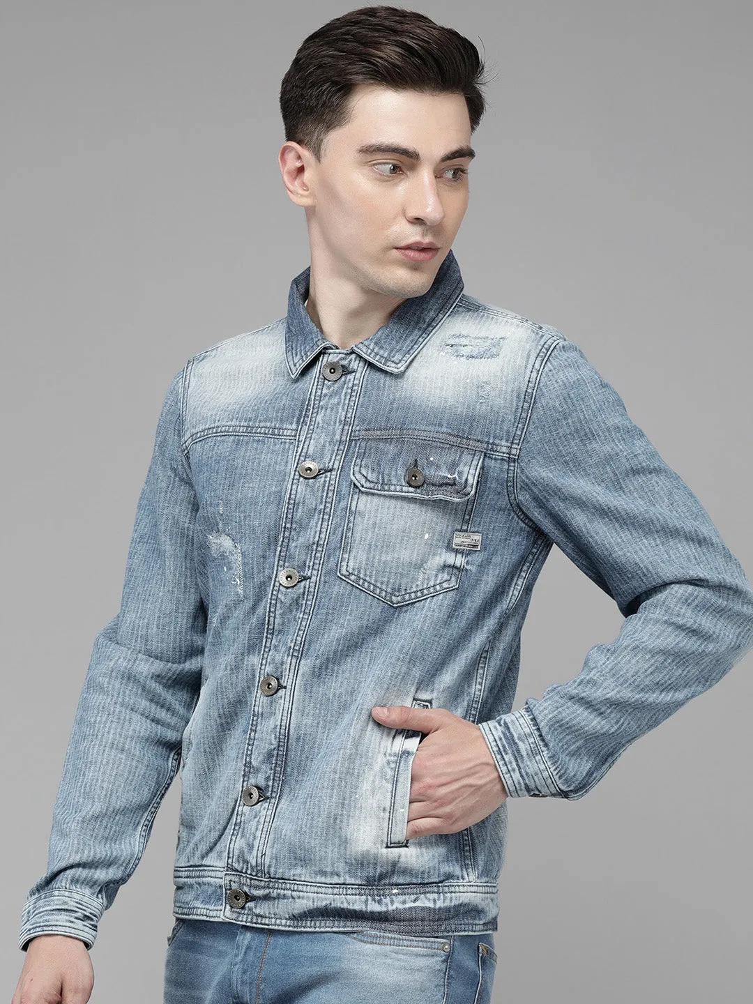 Men Light Blue Solid Denim Jacket