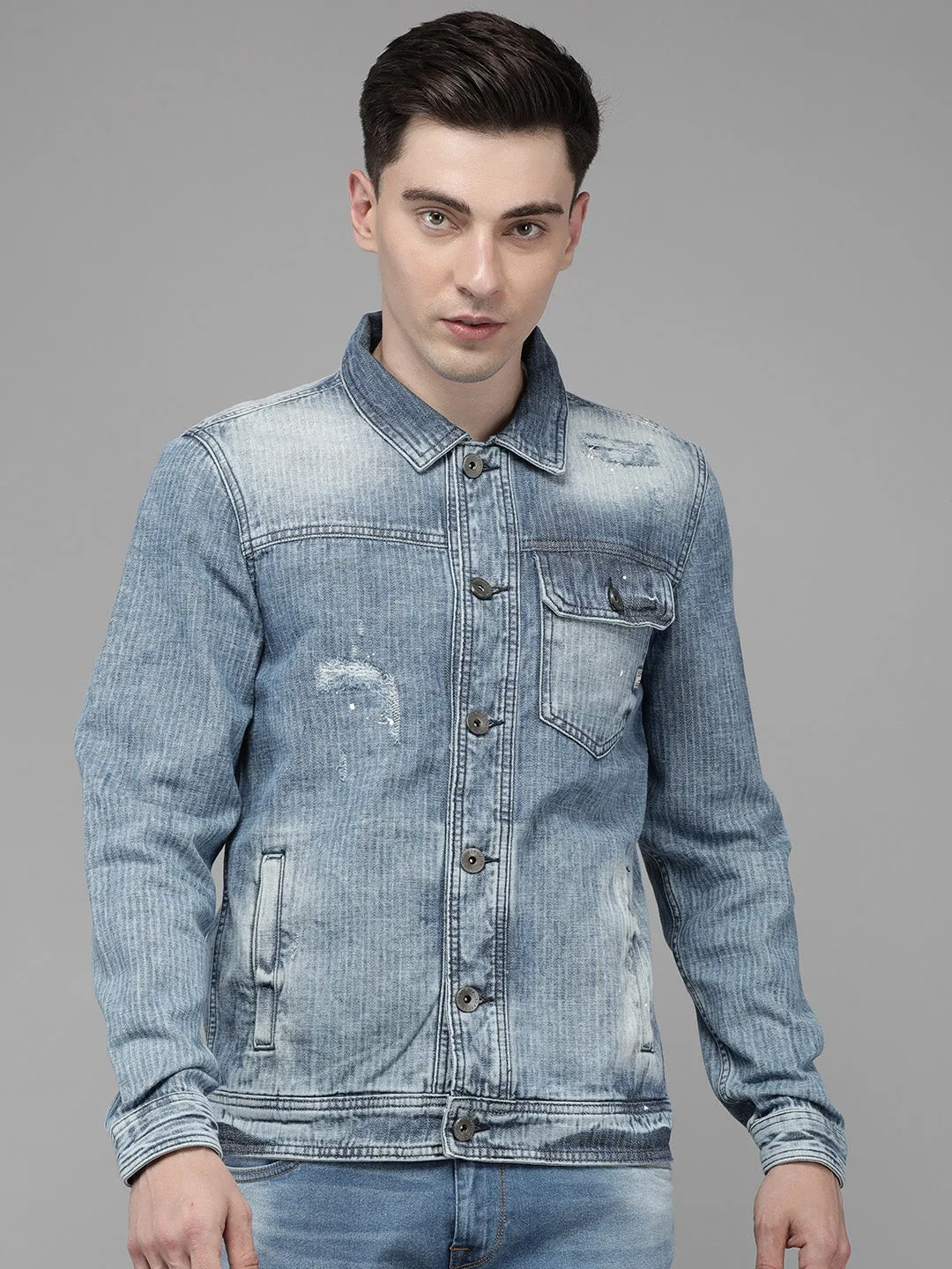 Men Light Blue Solid Denim Jacket