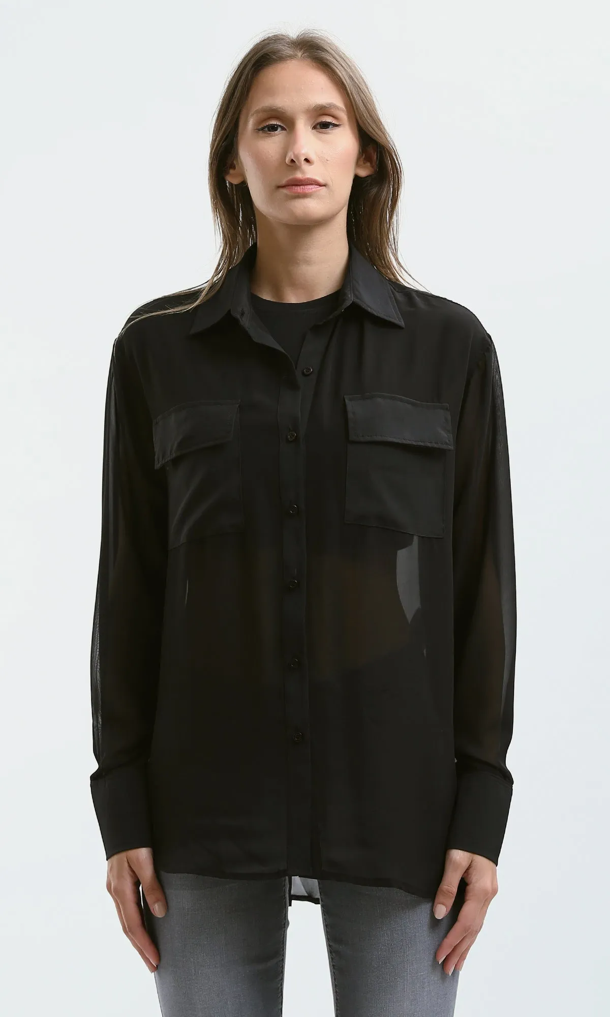 O178815 Summer Black Sheer Shirt With Front Pockets