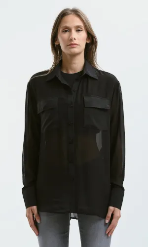 O178815 Summer Black Sheer Shirt With Front Pockets