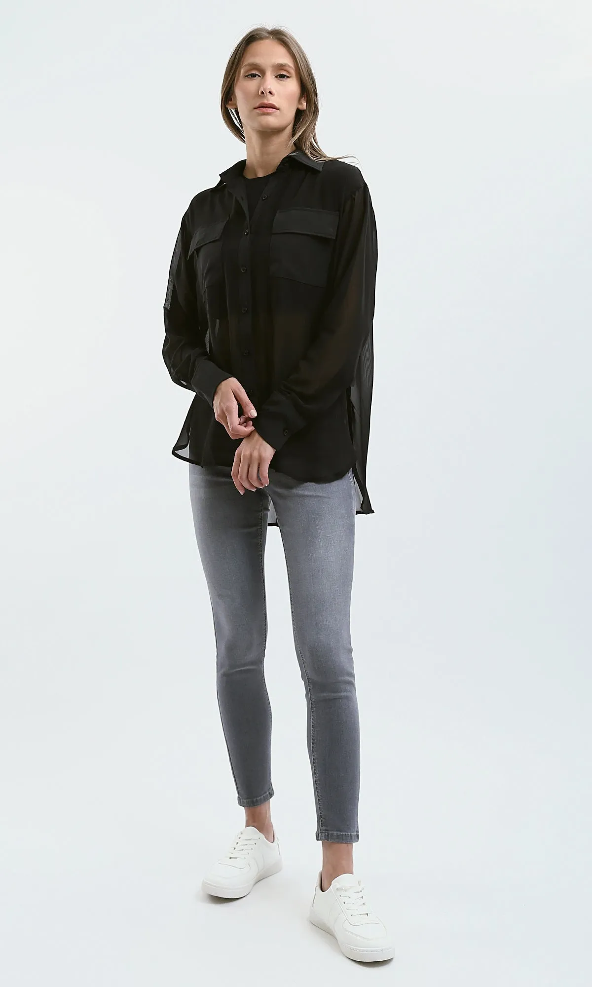 O178815 Summer Black Sheer Shirt With Front Pockets