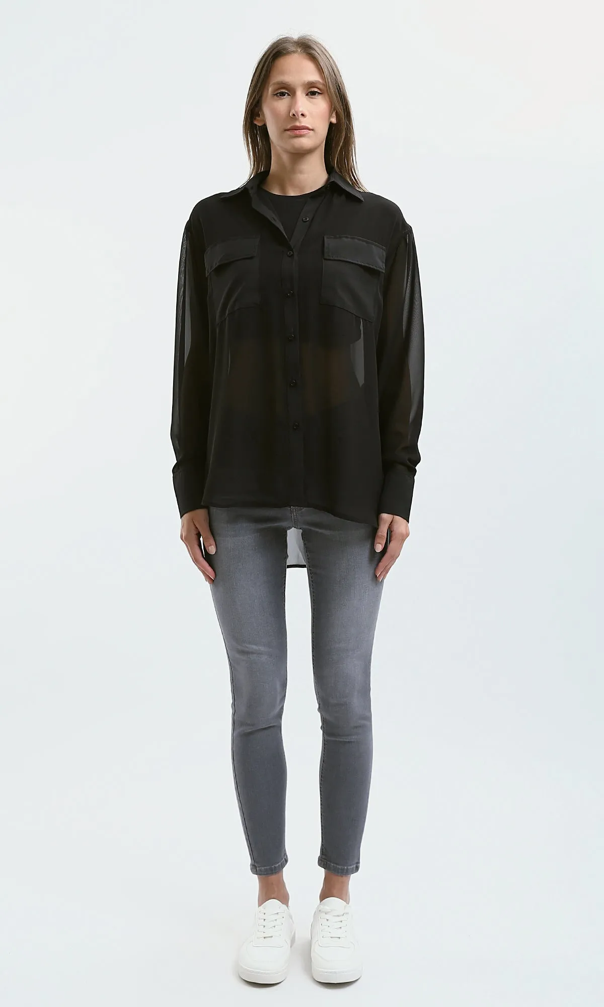 O178815 Summer Black Sheer Shirt With Front Pockets