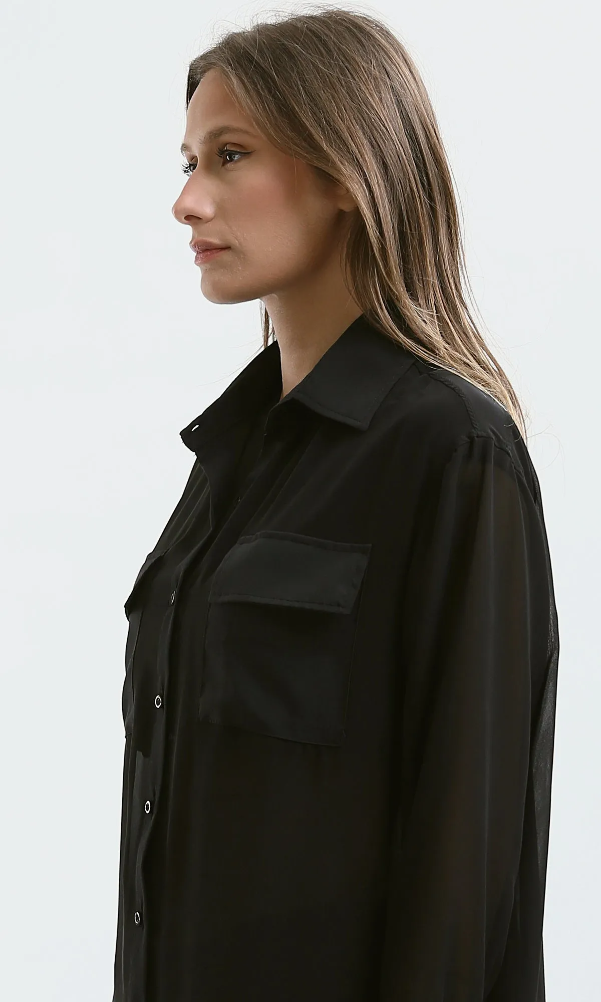 O178815 Summer Black Sheer Shirt With Front Pockets