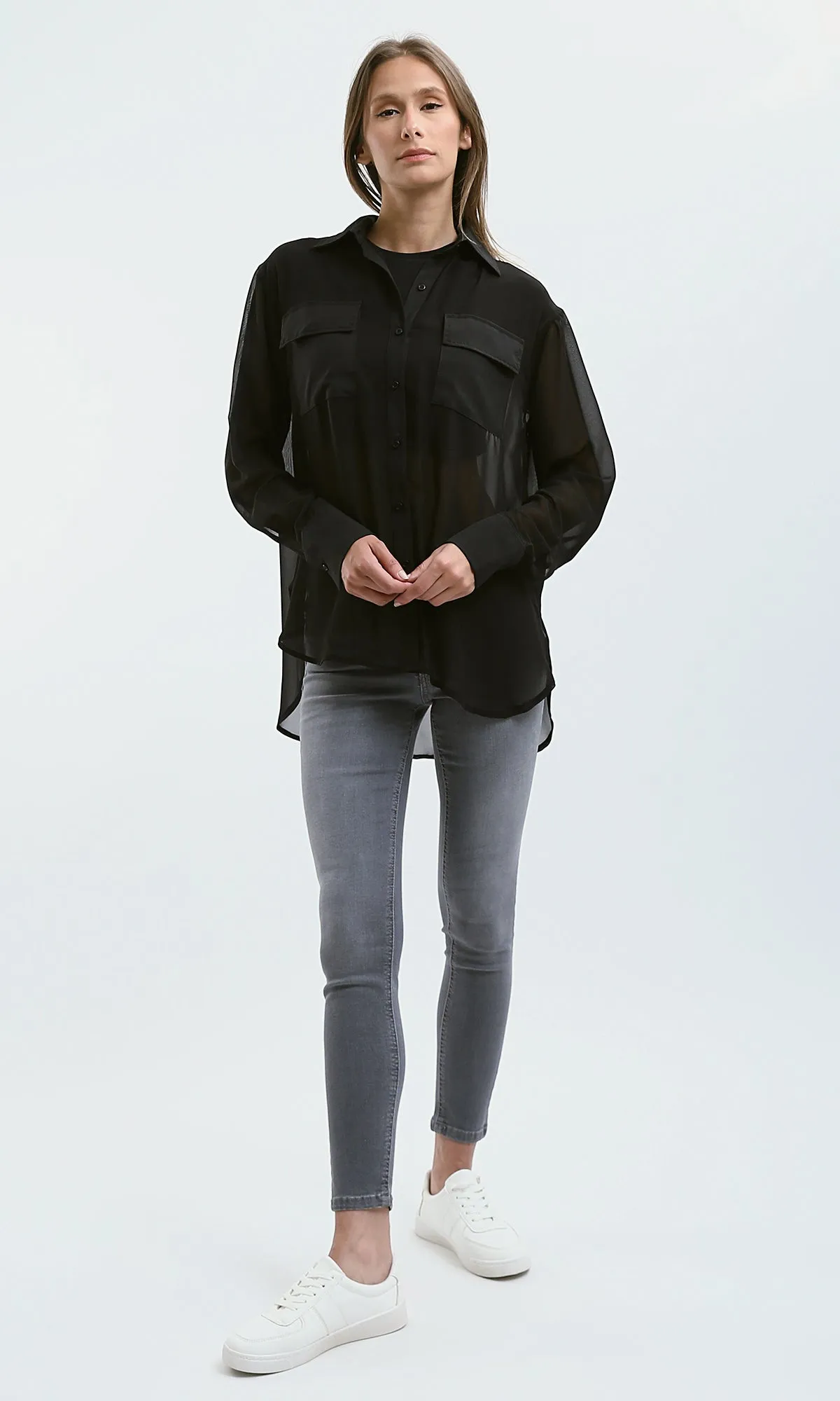 O178815 Summer Black Sheer Shirt With Front Pockets