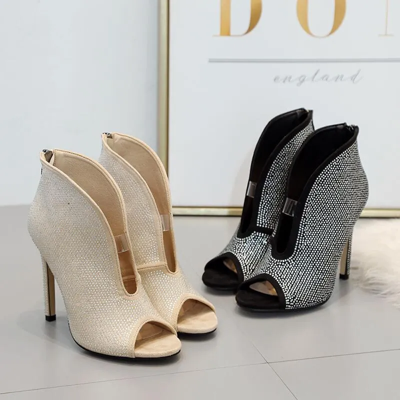 Rhinestone High Heel Peep Toe Zipper Sandals