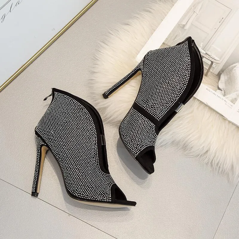 Rhinestone High Heel Peep Toe Zipper Sandals