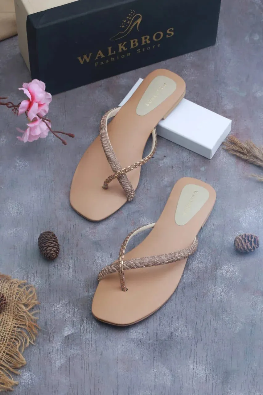 RHINESTONE STRAP SOFT LOW HEEL SANDAL - BEIGE