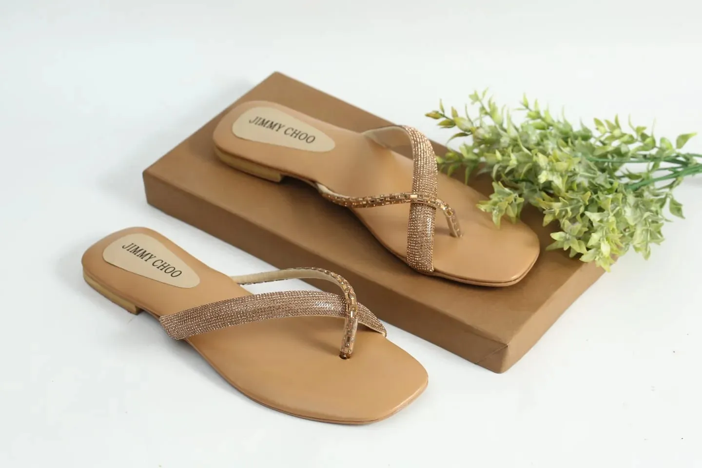 RHINESTONE STRAP SOFT LOW HEEL SANDAL - BEIGE