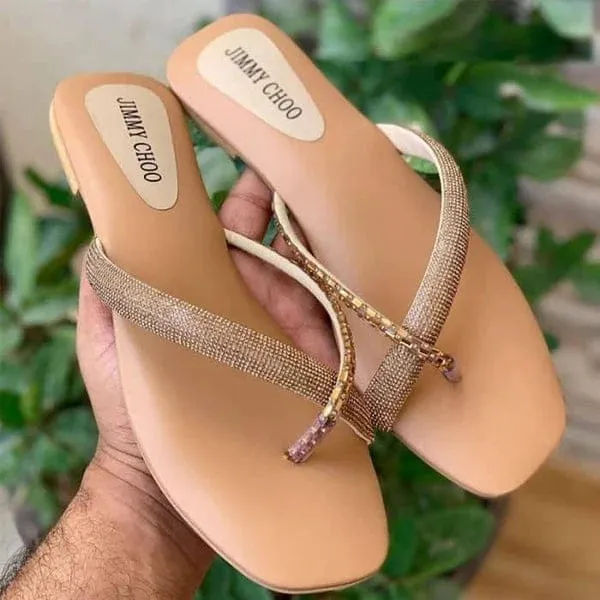 RHINESTONE STRAP SOFT LOW HEEL SANDAL - BEIGE