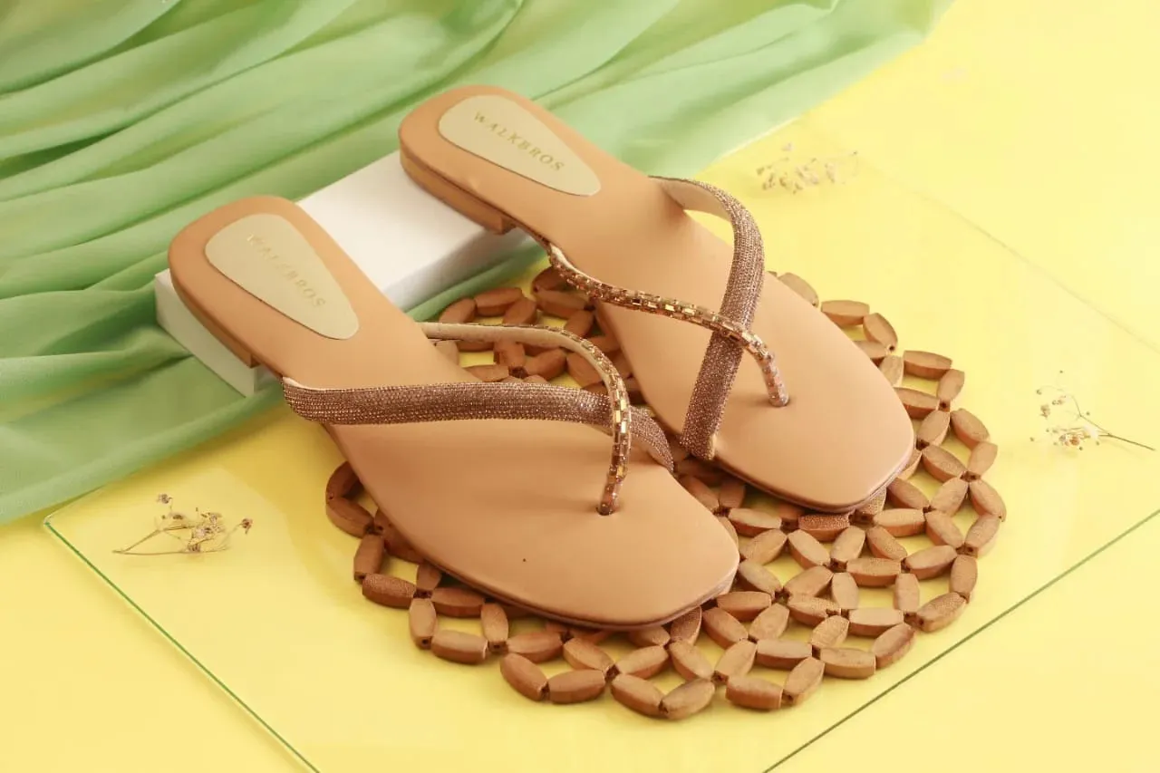 RHINESTONE STRAP SOFT LOW HEEL SANDAL - BEIGE