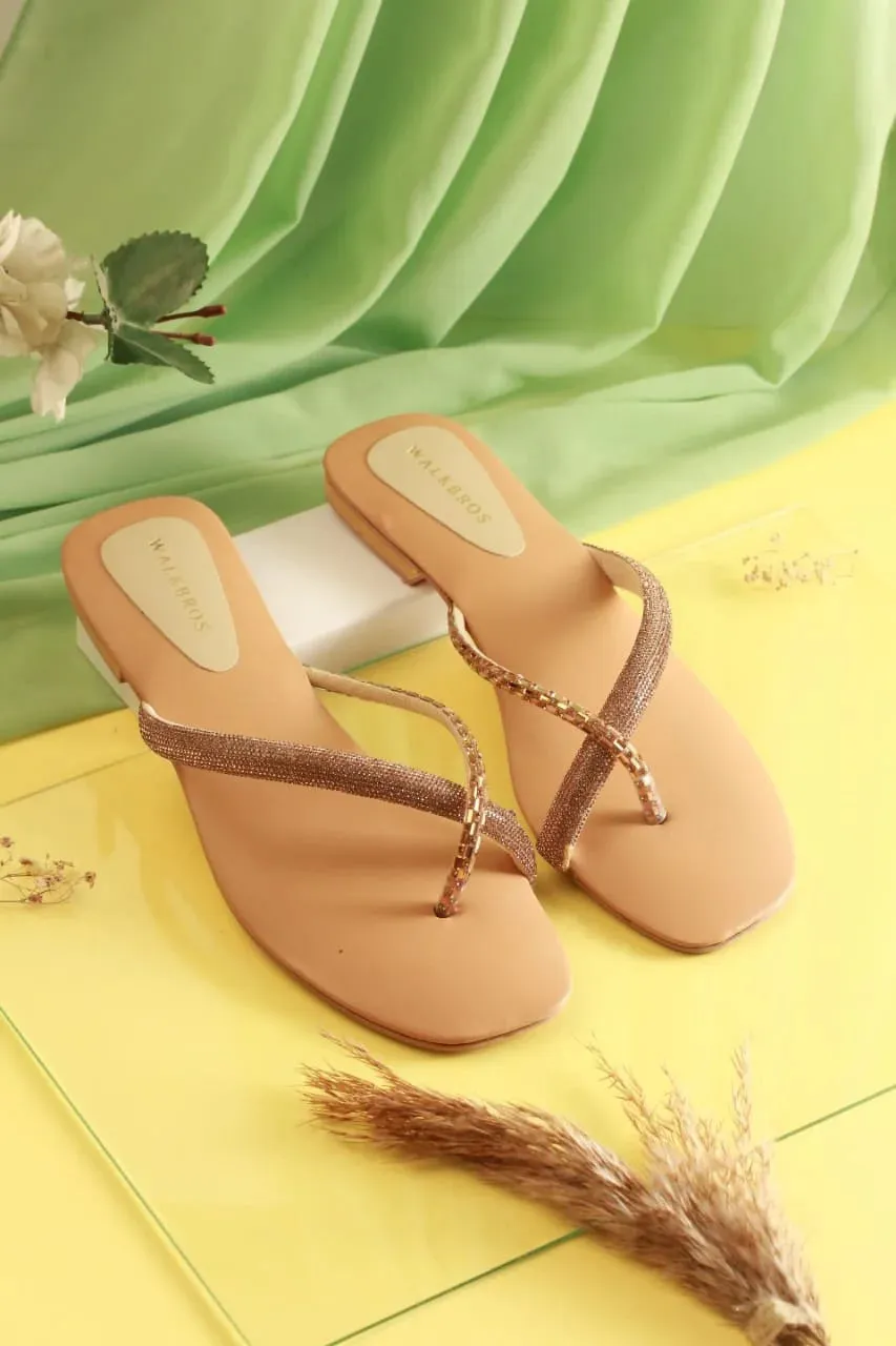 RHINESTONE STRAP SOFT LOW HEEL SANDAL - BEIGE