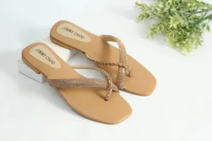 RHINESTONE STRAP SOFT LOW HEEL SANDAL - BEIGE