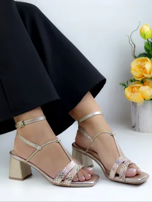 Stylish Gold Block Heel Sandals with Sparkling Straps