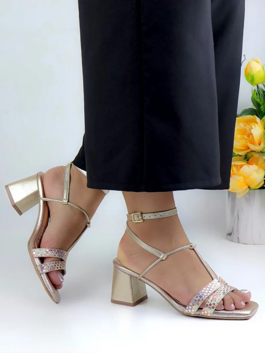 Stylish Gold Block Heel Sandals with Sparkling Straps