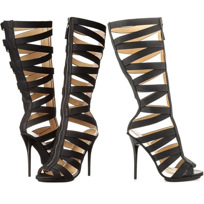 Summer Black Leather Cutout Peep Toe High Heel Sandals