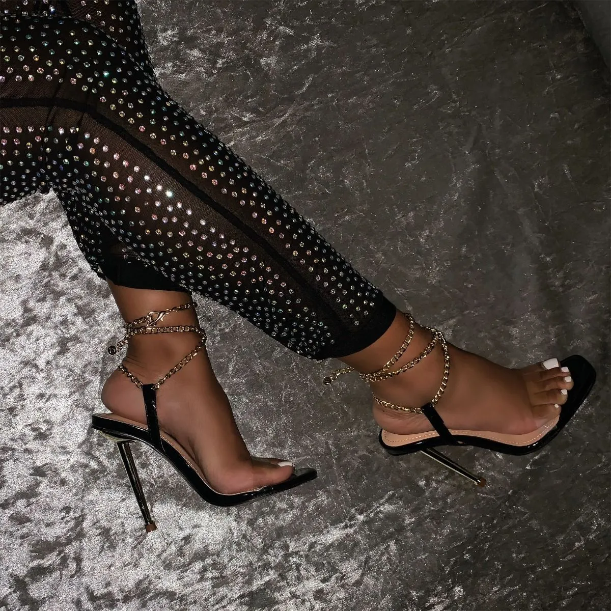 Super High Metal Heel Square Head Chain Sandals