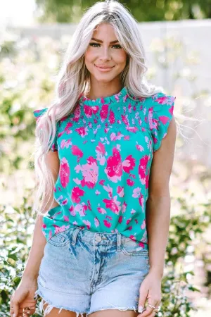Women Floral Ruffled Flutter Sleeve Ruched Blouse
