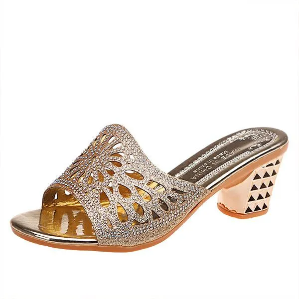 Women's Fashion Rhinestone Hollow Block Heel Slippers 77125893S