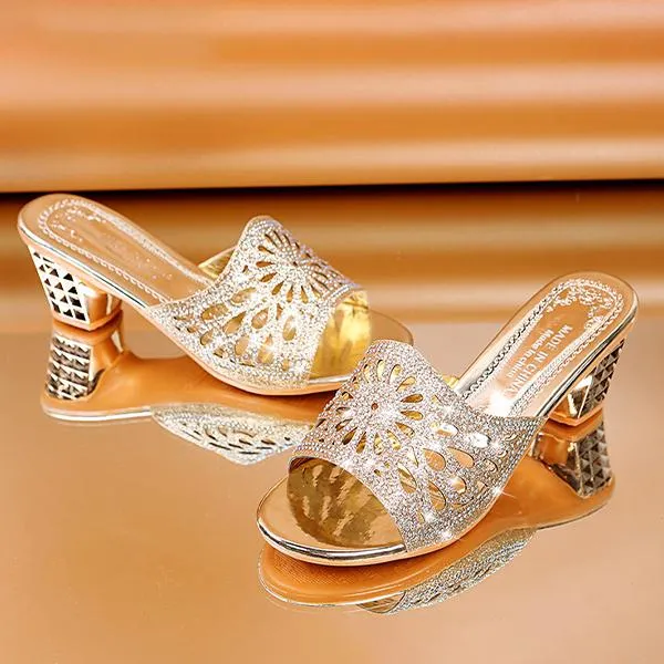Women's Fashion Rhinestone Hollow Block Heel Slippers 77125893S