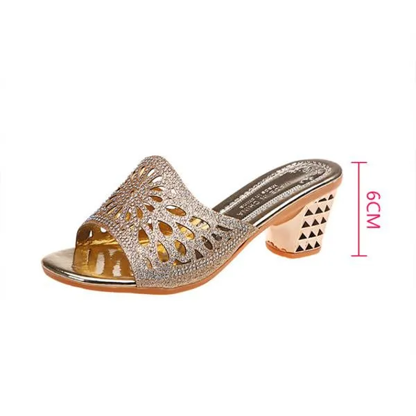 Women's Fashion Rhinestone Hollow Block Heel Slippers 77125893S