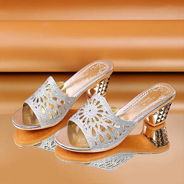 Women's Fashion Rhinestone Hollow Block Heel Slippers 77125893S