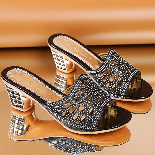 Women's Fashion Rhinestone Hollow Block Heel Slippers 77125893S