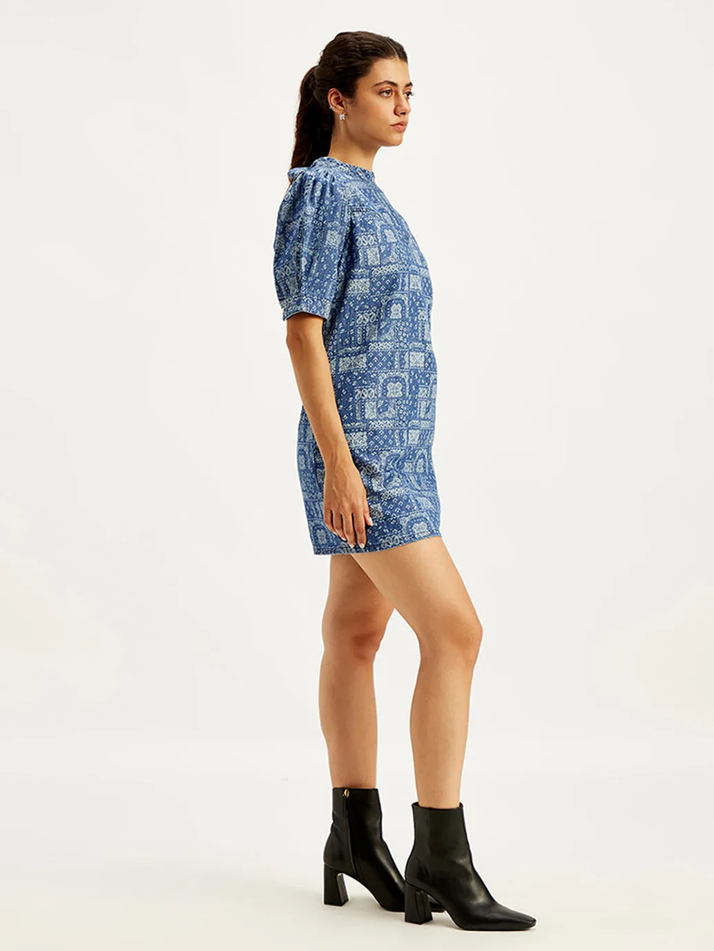 Women's Paisley Blue Band Neck Mini Denim Dress